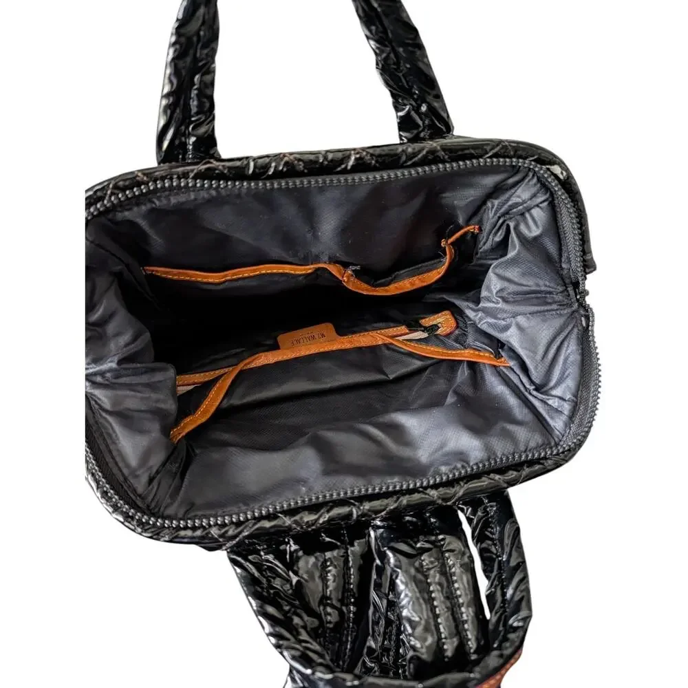 MZ Wallace Black Lacquer Quilted Metro Top Handle Patent Backpack Medium